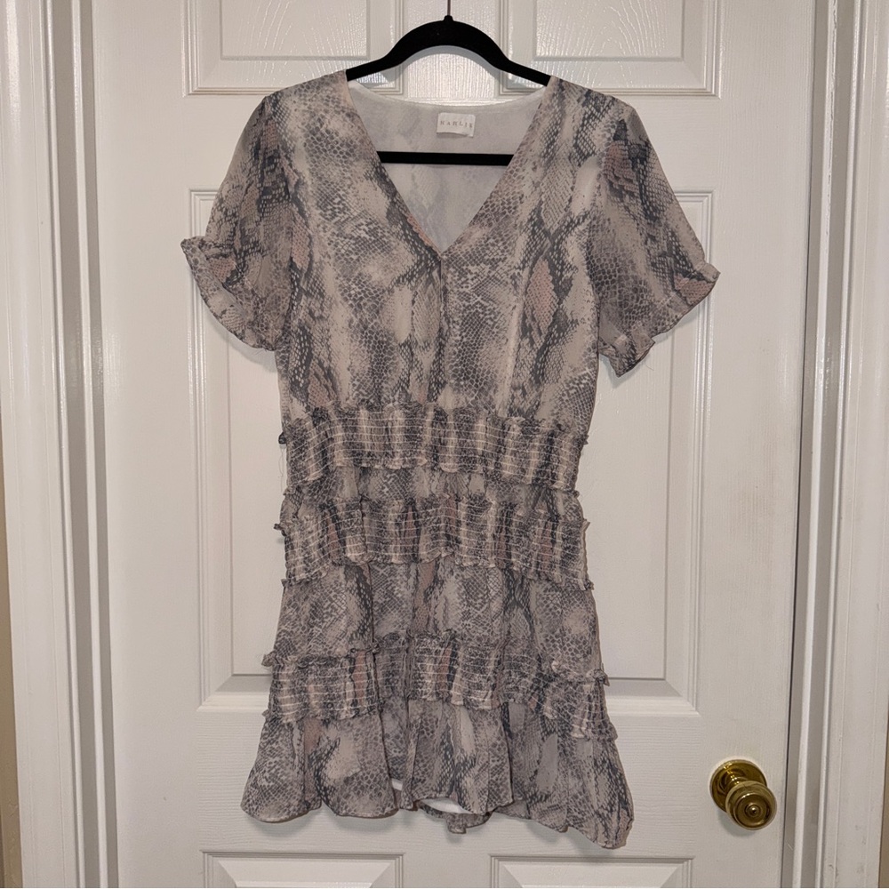 Karlie Snake-Print Ruffle Dress in Gray, Ivory, and Blush
